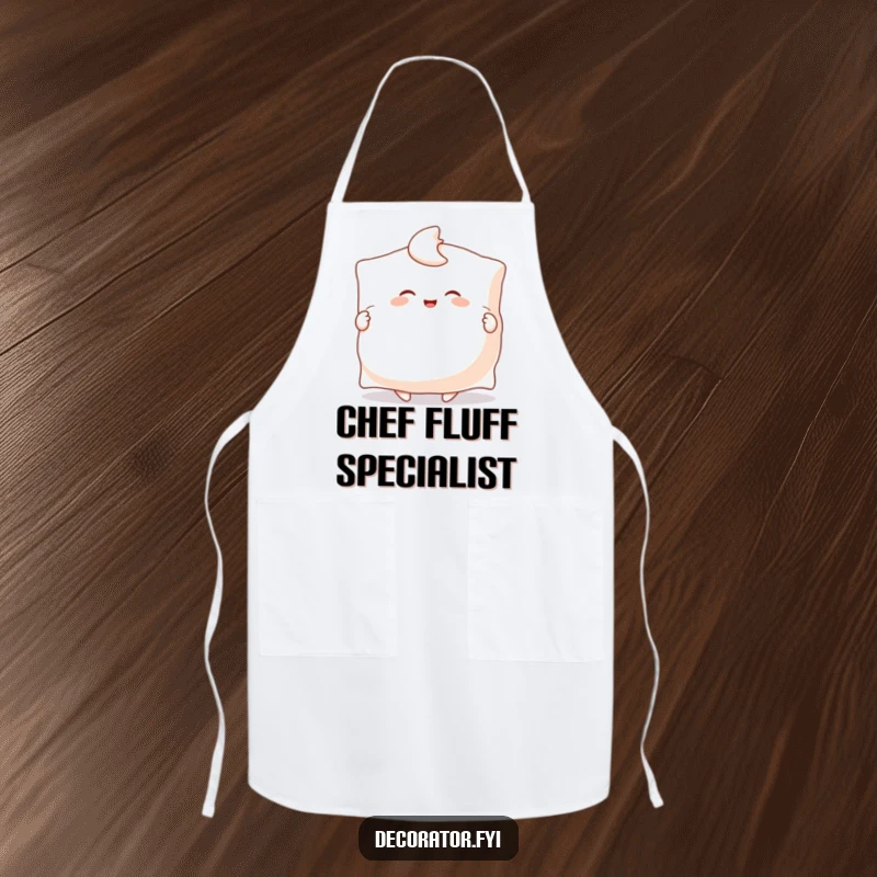 Funny apron showing a happy character joyfully fluffing a giant pillow with both hands, ideal for kitchen tasks with a dose of cozy humor.