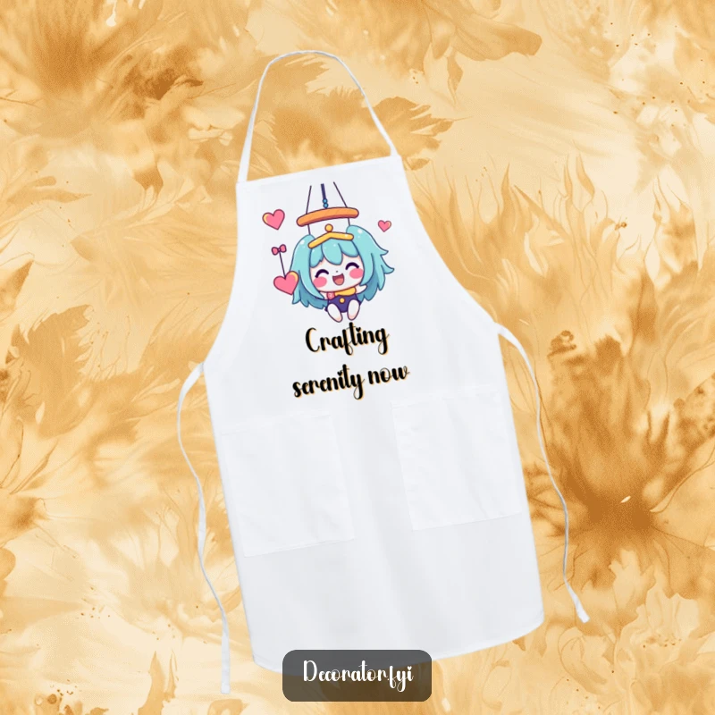 Funny Apron: A joyful character creatively hanging a whimsical, colorful mobile while cooking, a true artist.