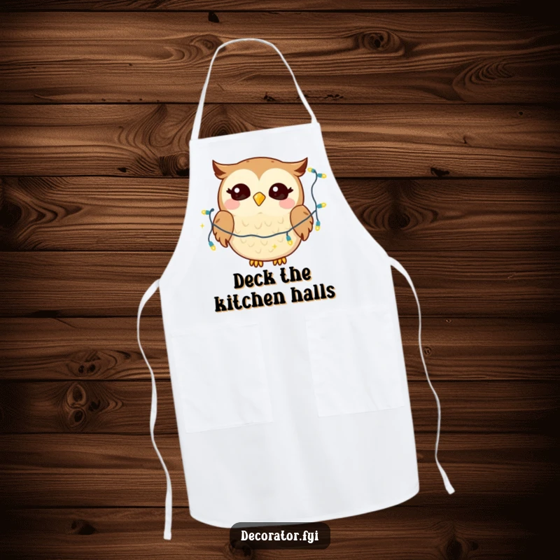 Funny apron featuring a giggling owl character joyfully draping twinkling lights, perfect for humorous cooking.