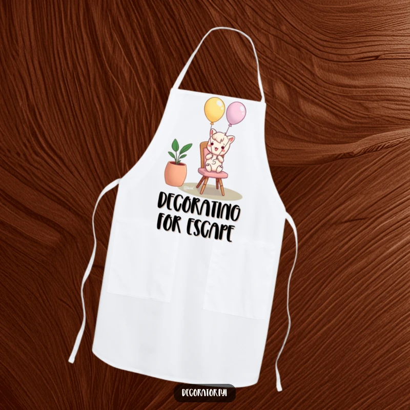 Funny apron showing a mischievous character tying balloons to a chair, perfect for kitchen fun and lighthearted cooking.