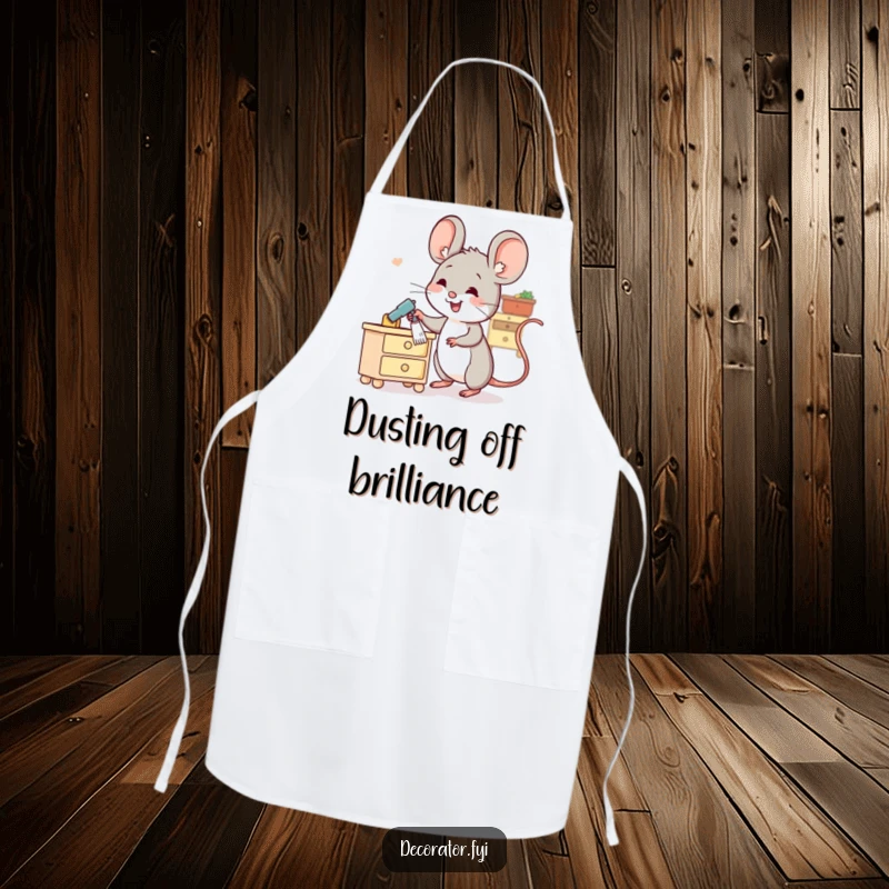 Funny apron showcasing a cheerful mouse character dusting miniature furniture, symbolizing cleanliness in the kitchen.