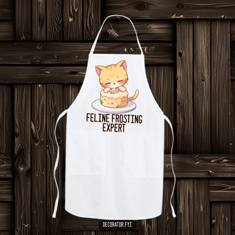 Funny cat decorates a small cake with tiny flowers, perfect for a baker with a sweet touch on a funny apron.