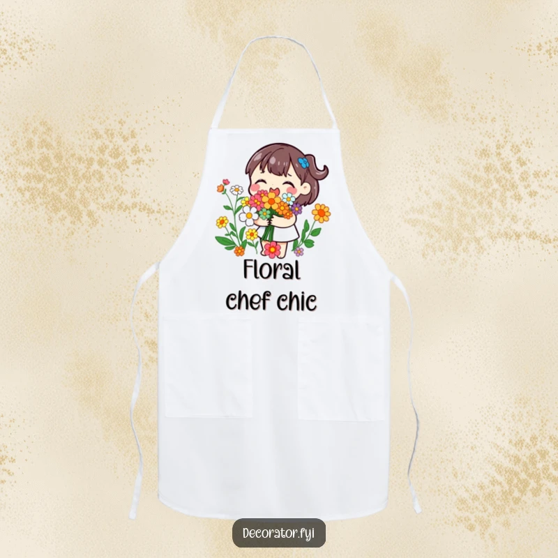 Funny apron showing a playful character joyfully arranging colorful flowers into a bouquet, ideal for gardeners and florists.