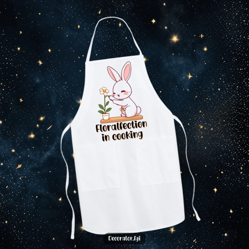 Funny rabbit apron showing a perky rabbit carefully placing a delicate flower on a shelf, ready for kitchen gardening.