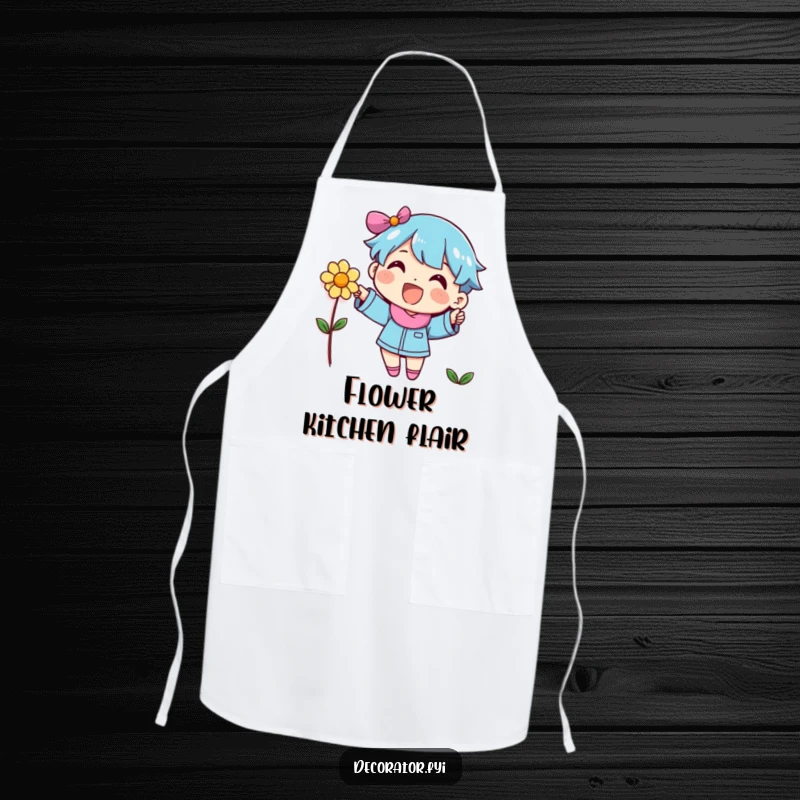Funny character placing a decorative flower on a wall, depicted on a kitchen apron for creative fun.