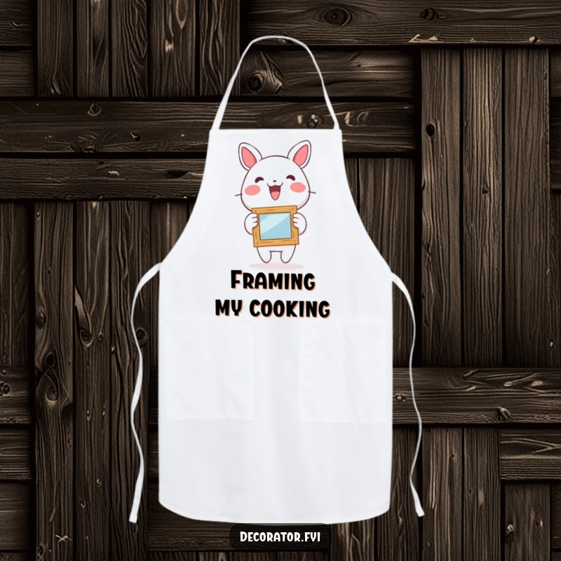 Funny apron showing a lively character enthusiastically hanging a small, whimsical picture frame, ideal for creative messes.