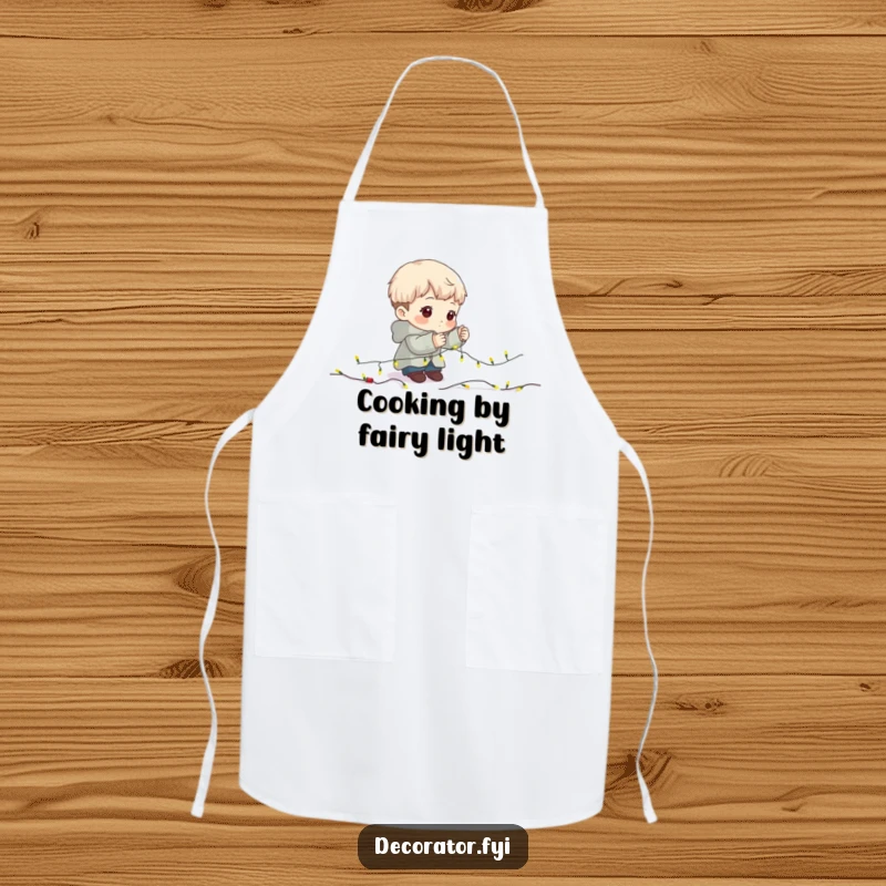 Funny Apron: Character with a determined look, carefully placing lights on a garland.