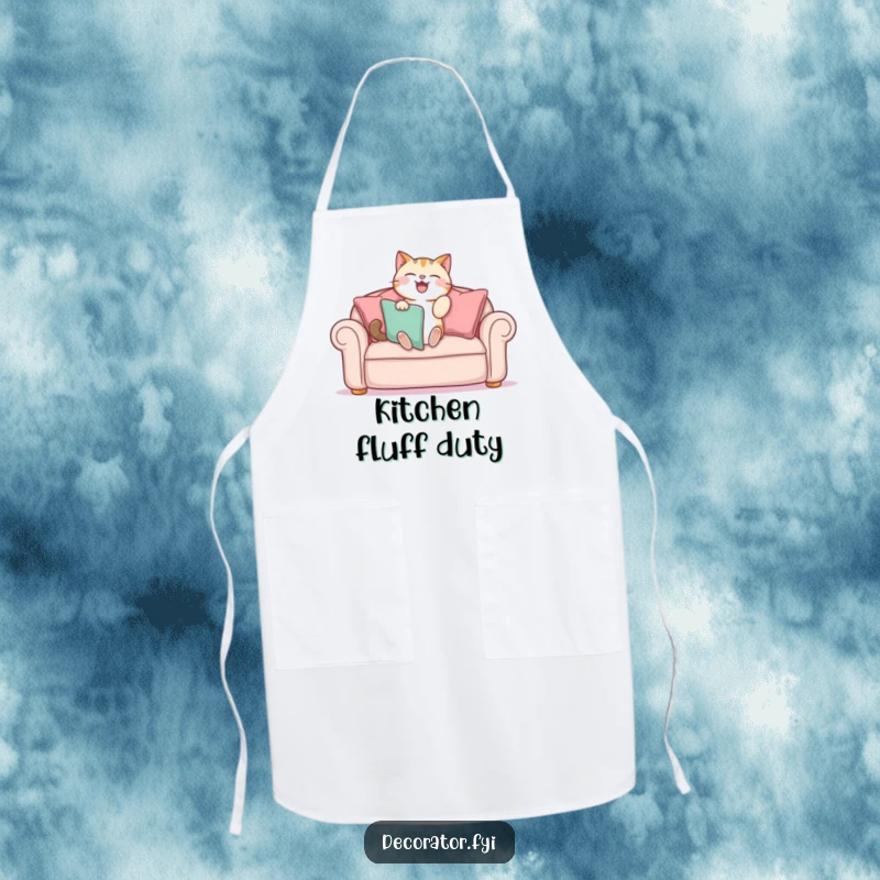 Funny apron displaying a cat gleefully arranging sofa cushions, perfect for pet lovers who enjoy cooking and humor.