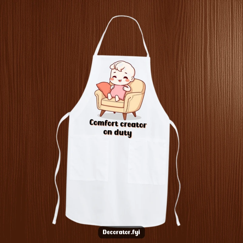 Funny Apron: A beaming character carefully places cushions on a stylish armchair, bringing interior design humor into the kitchen space.