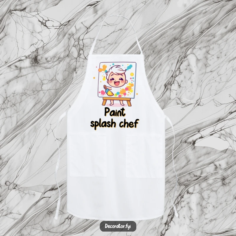 Funny apron showing a happy character gleefully splattering paint onto a canvas with a broad brush, perfect for messy artists.
