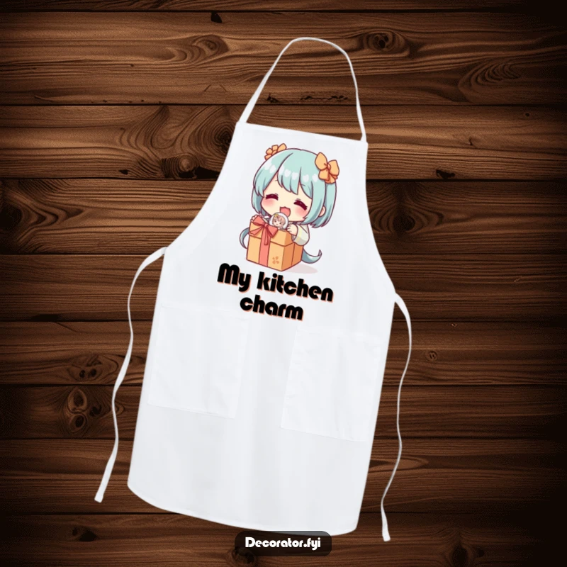 Funny apron with a character excitedly unwrapping a delicate, decorative figurine, ready for creative endeavors with humorous anticipation.
