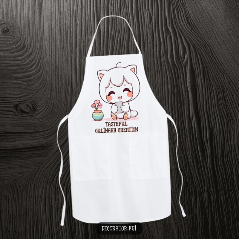 Funny decor apron with a contented character admiring a perfectly placed accent piece, ready for stylish kitchen tasks.