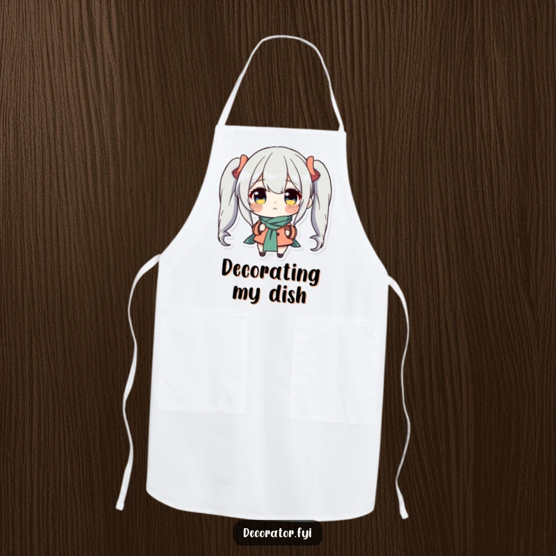 Funny apron with a determined character carefully placing a charming accent piece, ready to handle kitchen messes with humorous dedication and style.