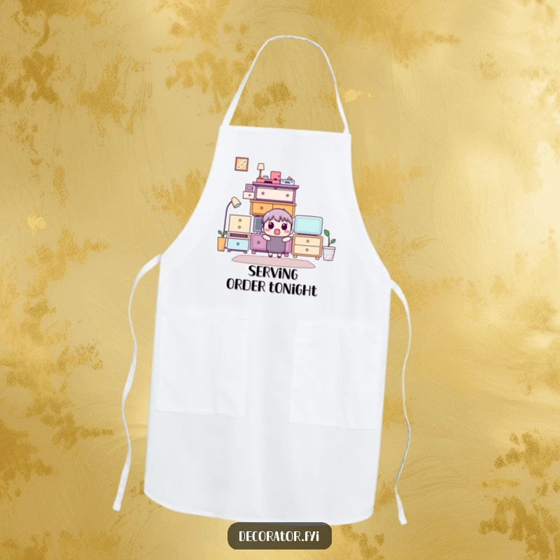 Funny apron showing a surprised character observing a perfectly arranged furniture stack, ideal for kitchen protection.