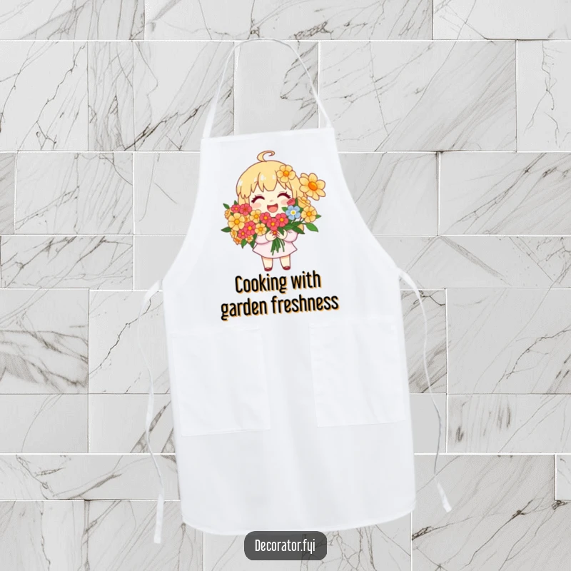 Funny Apron: A joyful character smiles while arranging a vibrant bouquet of flowers, perfect for gardening.