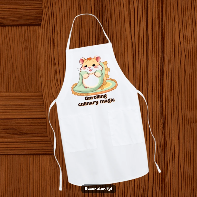 Funny apron showing a hamster happily unfurling a colorful rug while cooking or doing other home activities.