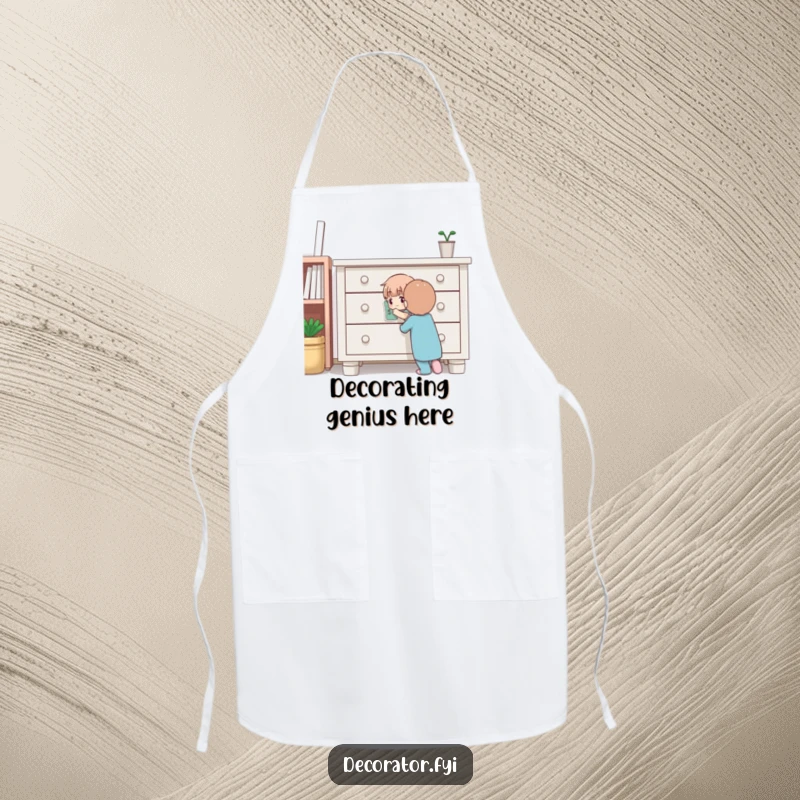 Funny apron featuring a determined character carefully applying a sticker to furniture, ideal for protecting clothes during precise cooking tasks humorously.