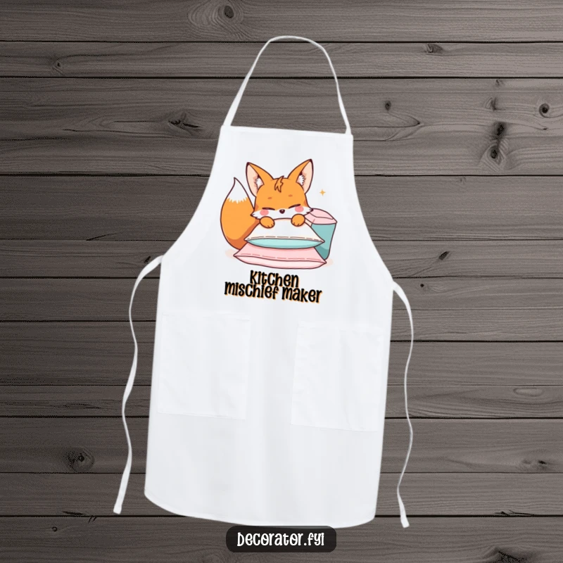 Funny apron with a mischievous fox character winking while arranging cushions, ideal for messy chefs.