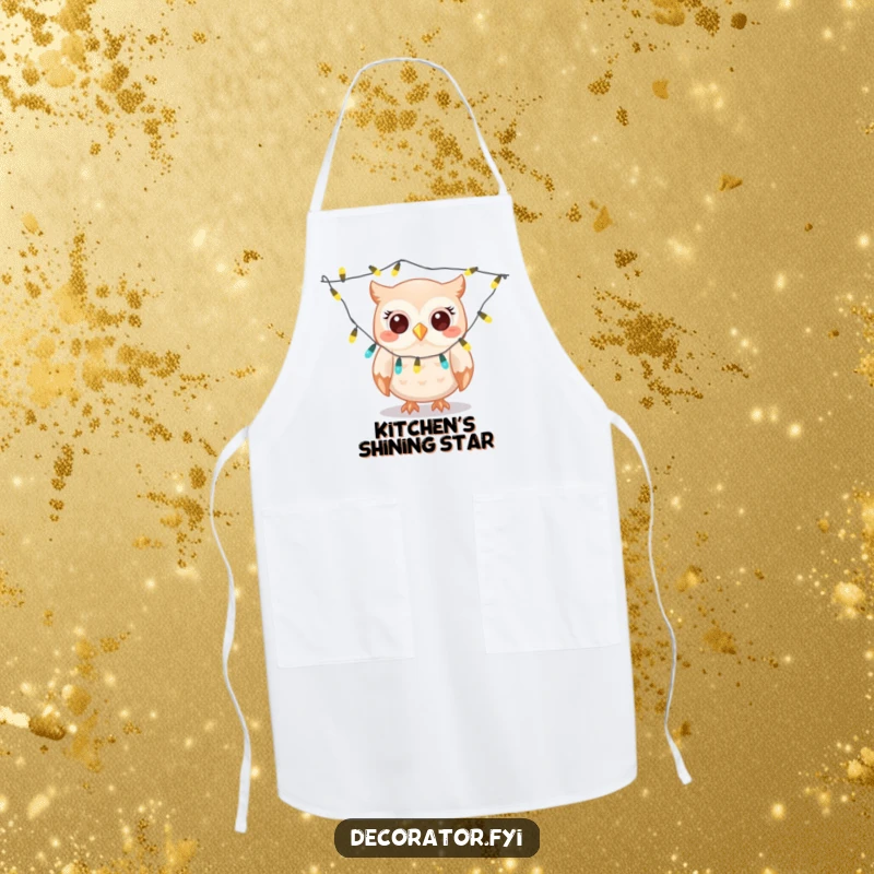 Funny owl apron, a giggling character gleefully draping twinkling lights, ideal for festive kitchen tasks with a humorous twist.