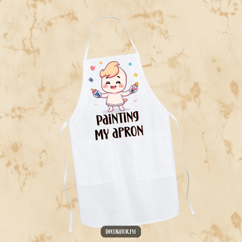 Funny Apron showing a grinning character playfully juggling small paint pots, perfect for messy art projects.