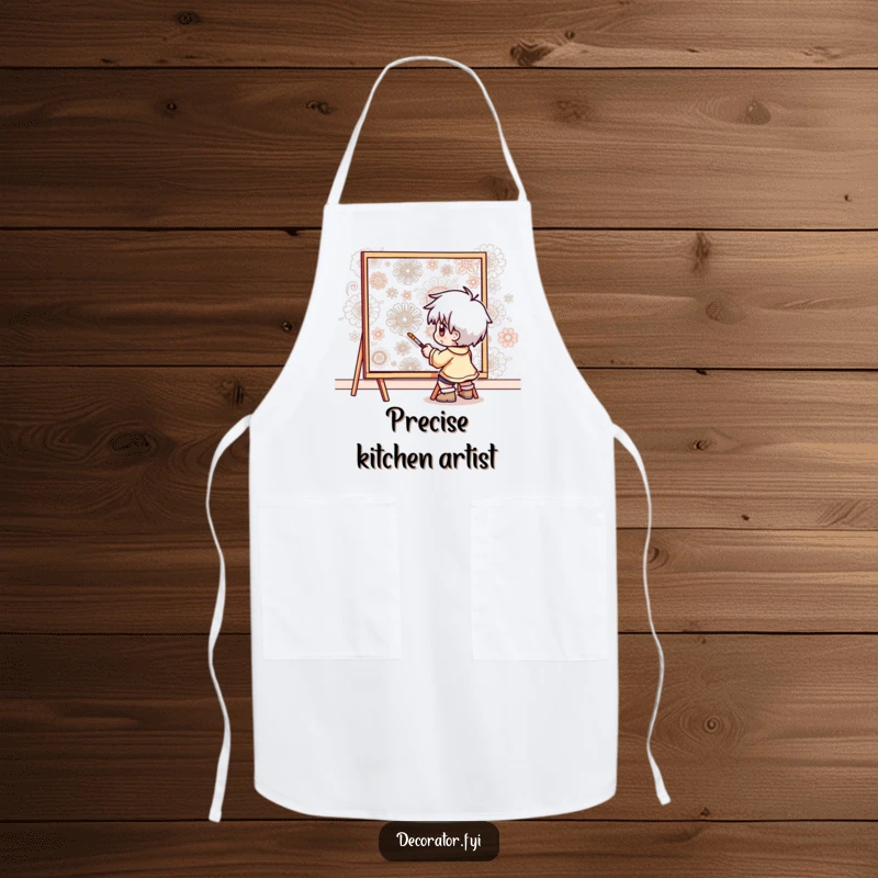 Funny apron showing a determined character meticulously painting intricate patterns onto a wall, ideal for detailed painters.