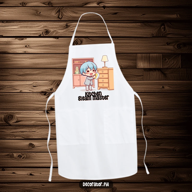 Funny content character happily polishing furniture on a humorous kitchen apron, for cleaning enthusiasts.