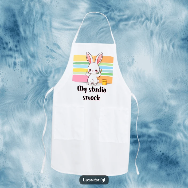Funny apron displaying a rabbit artist painting colorful stripes on a wall, perfect for messy cooks who love art and humor.