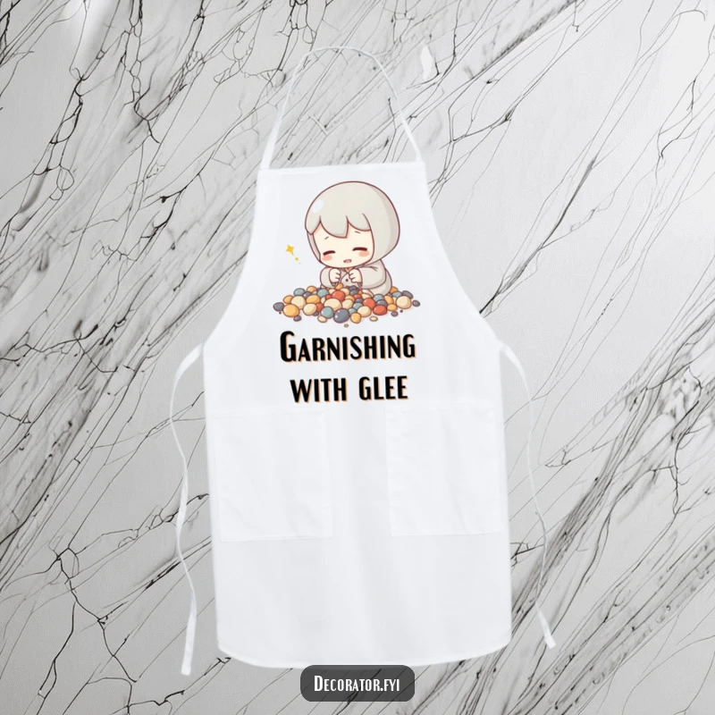 Funny apron depicting a content character meticulously arranging tiny decorative stones, perfect for calm crafting with humor.