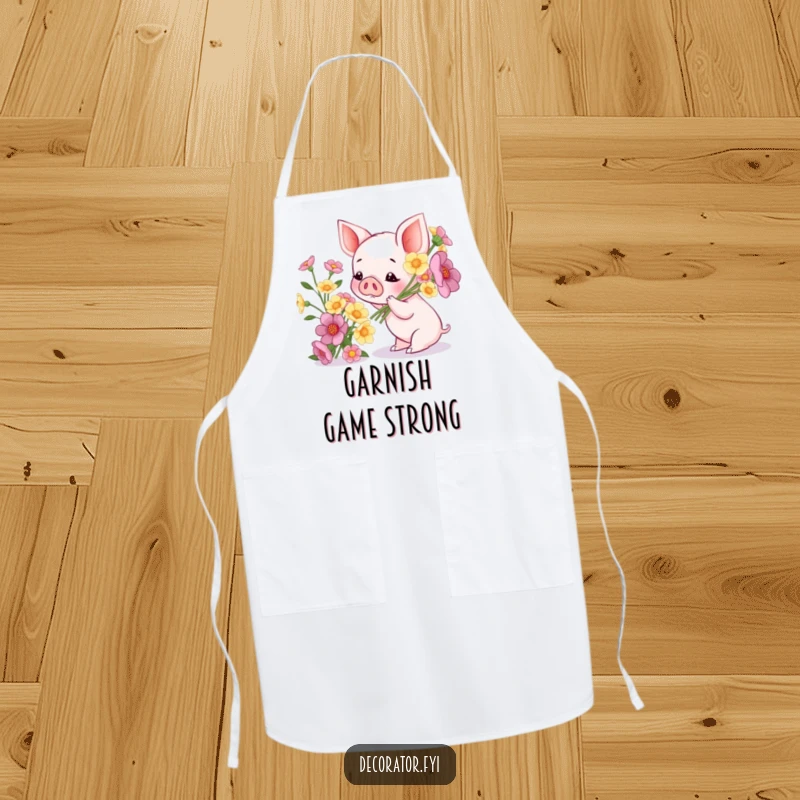 Funny apron displaying a piglet admiring a bouquet of flowers, perfect for garden lovers and kitchen enthusiasts who enjoy humor.