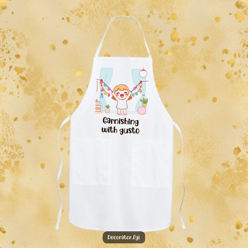 Funny Apron illustrating a happy character enthusiastically hanging a colorful garland, ready for festive kitchen fun.
