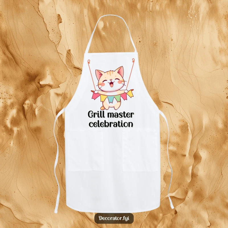 Funny apron showing a happy cat character gleefully hanging a festive banner, ready for a party in the kitchen.