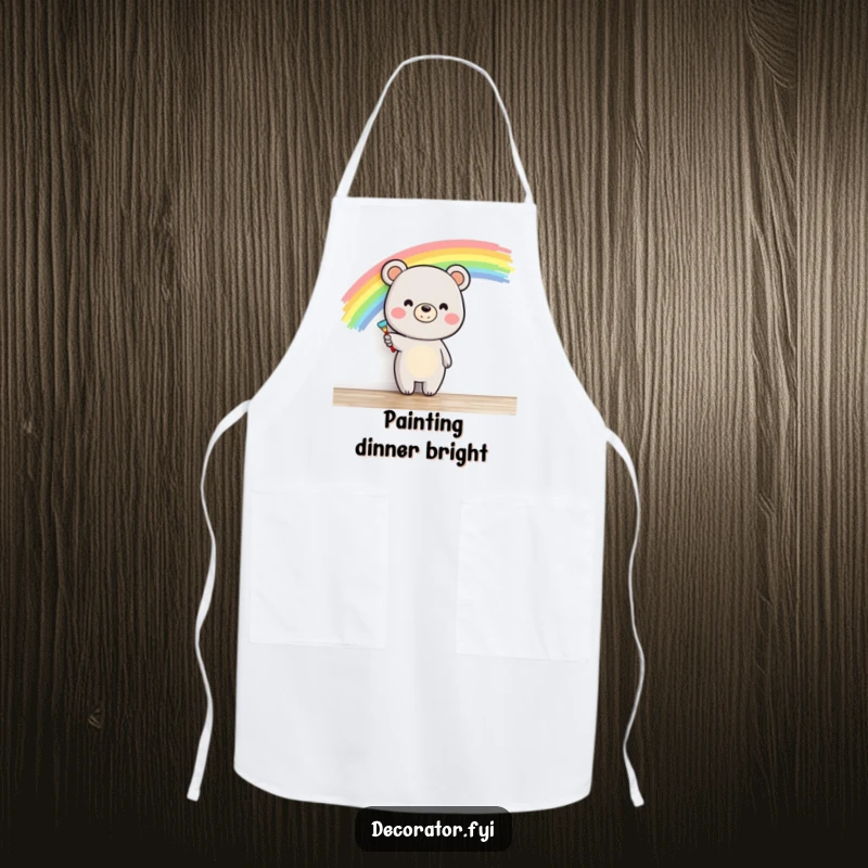 Funny bear character happily painting a rainbow across a wall, designed for a humorous and functional kitchen apron.