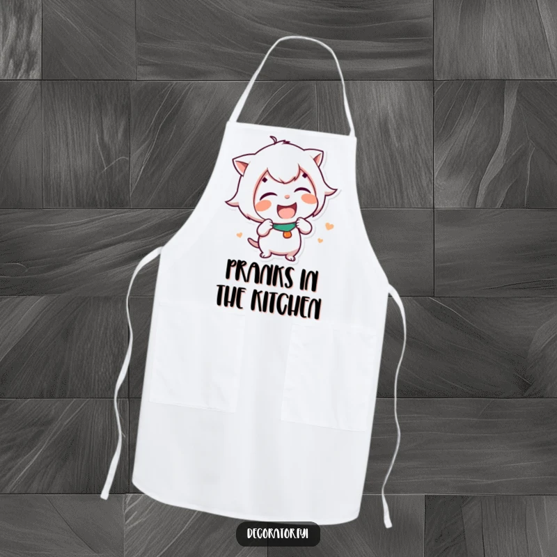 Funny Apron showing a mischievous character in the kitchen, giggling while placing a humorous sticker on a cooking utensil.