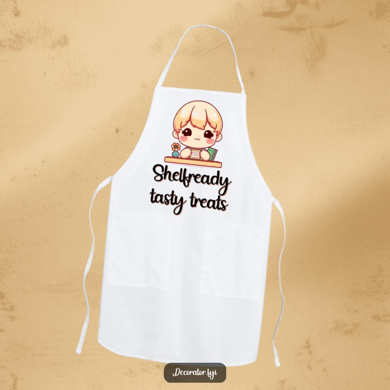 Funny Apron depicting a cheerful character admiring a small, beautifully decorated shelf while ready to cook up a storm.