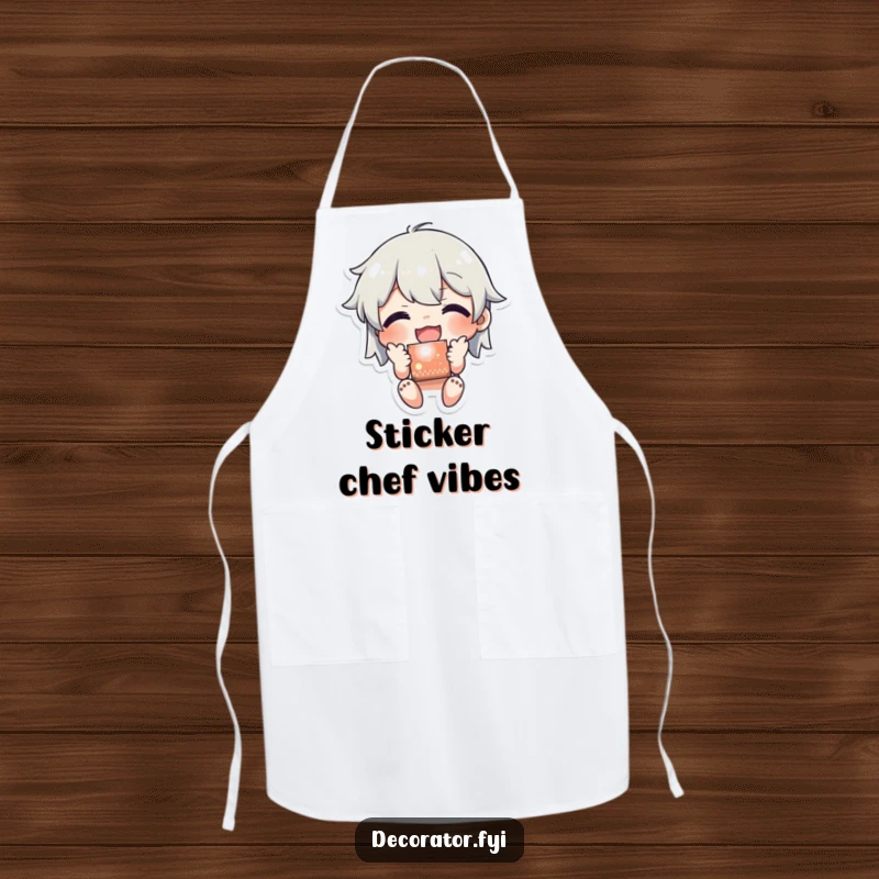 Funny apron with a character joyfully applying a shiny sticker to a surface, ready for creative tasks with humorous dedication.