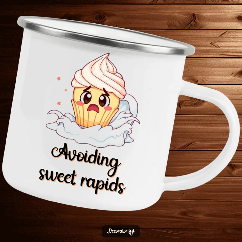 Funny cupcake frosting tsunami camping mug: a cupcake flees frosting, durable and humorous.