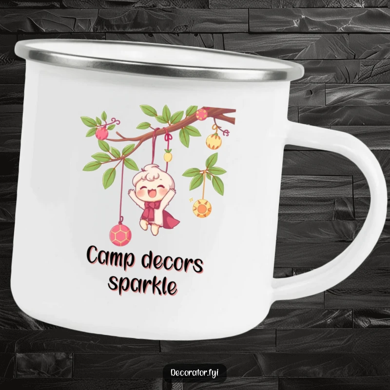 Funny camping mug featuring a delighted character happily hanging whimsical decorations from a branch, ideal for outdoor decorators.