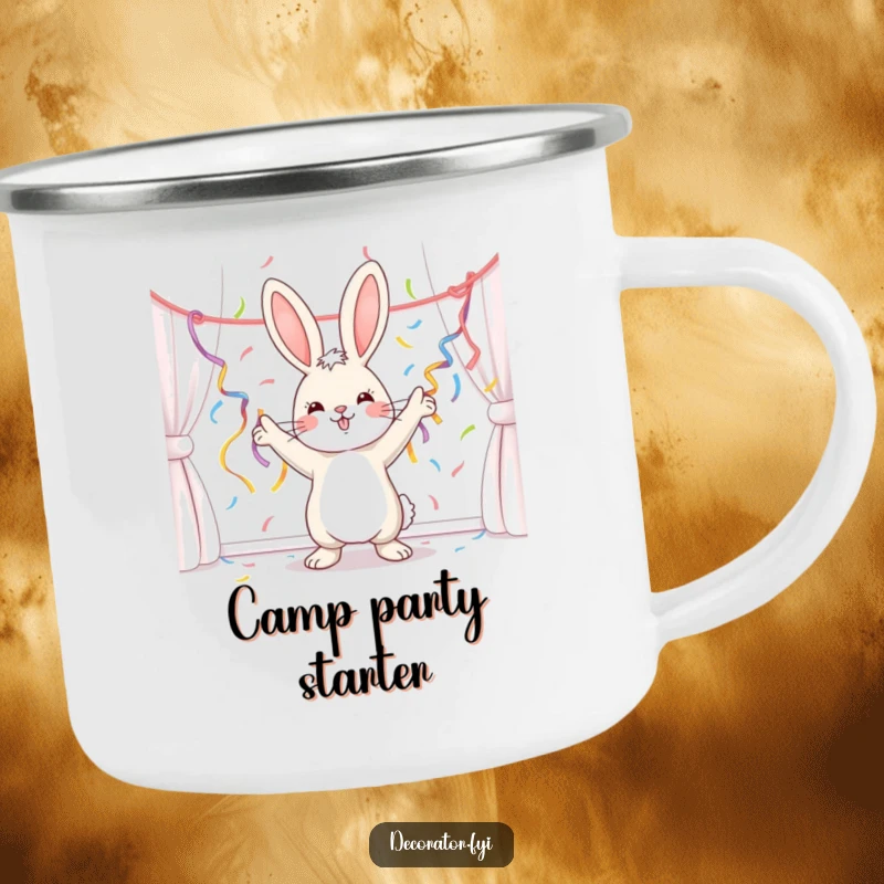 Funny bunny energetically hanging streamers in a camping setting, durable and festive, perfect for outdoor gifts.