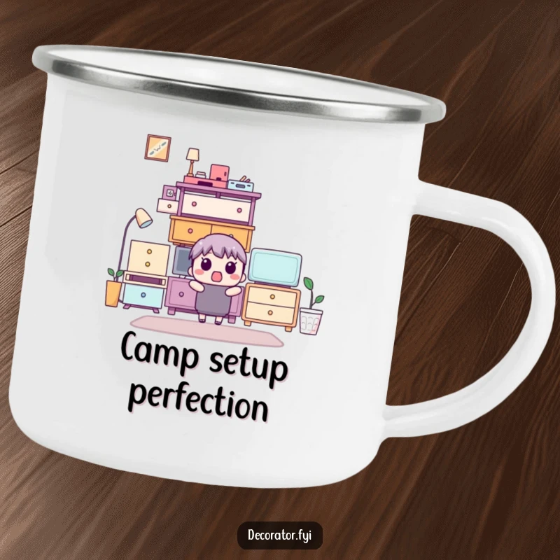 Funny camping mug featuring a surprised character observing a perfectly stacked furniture arrangement, great for outdoor enthusiasts.