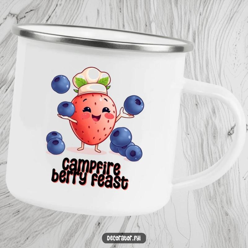 Funny strawberry chef camping mug: a strawberry juggles blueberries, durable and humorous for camping.