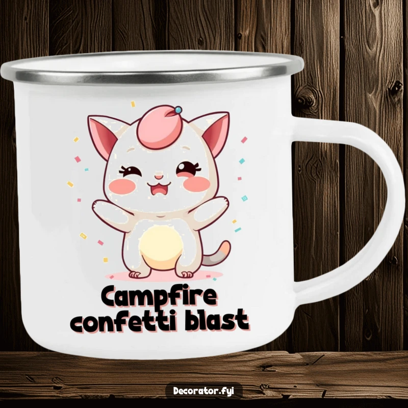Funny camping mug with a mischievous character playfully adding a whimsical touch with confetti, perfect for enjoying beverages outdoors with a humorous, festive touch.
