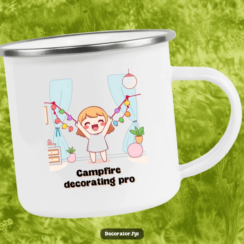 Funny Camping Mug featuring a happy character hanging a garland, designed for festive outdoor enjoyment.