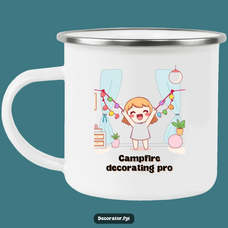 Funny Happy Character Camping Mug: Garland Decorating Adventure, Great Funny Gift