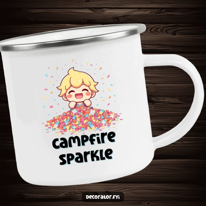 Funny character arranging confetti in a camping setting, durable and festive, perfect for outdoor gifts.