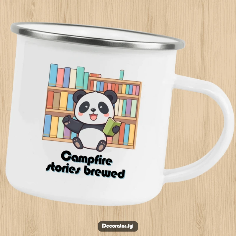 Funny panda camping mug with a joyful panda organizing books, perfect for enjoying drinks during outdoor reading or camping trips.