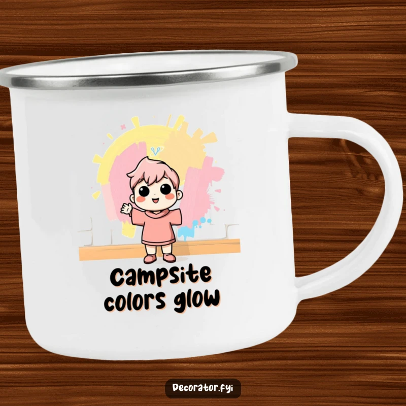 Funny camping mug with a cheerful character admiring a freshly painted wall with pride, perfect for enjoying beverages outdoors with a humorous, satisfied touch.