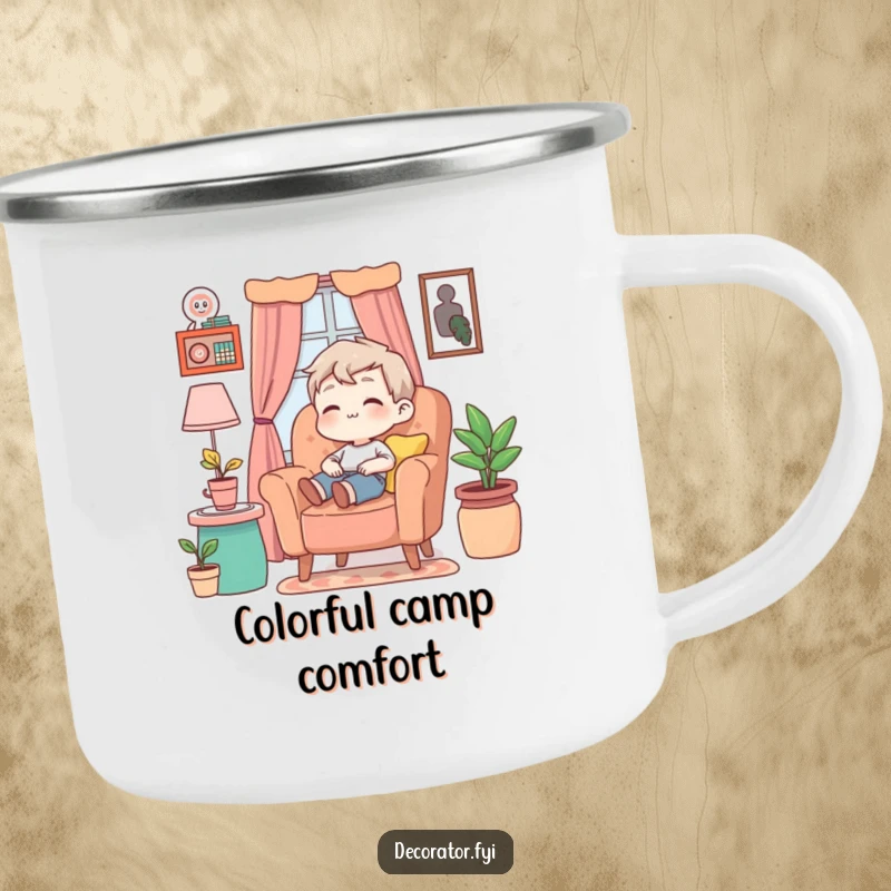 Funny Camping Mug with a content character relaxed in a colorful armchair, perfect for outdoor relaxation.