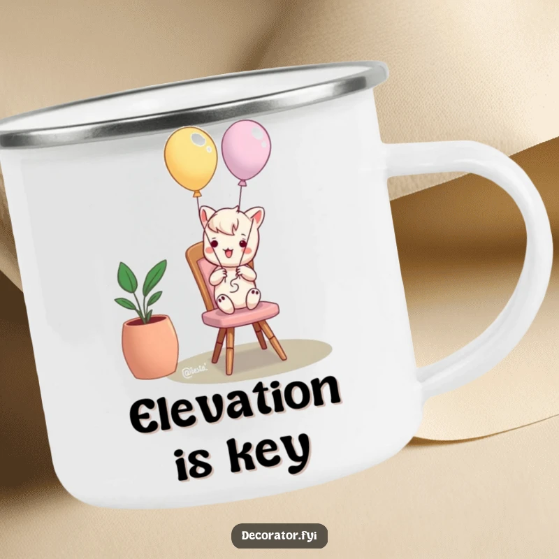 Funny camping mug featuring a mischievous character tying balloons to a chair, perfect for outdoor fun and laughter.