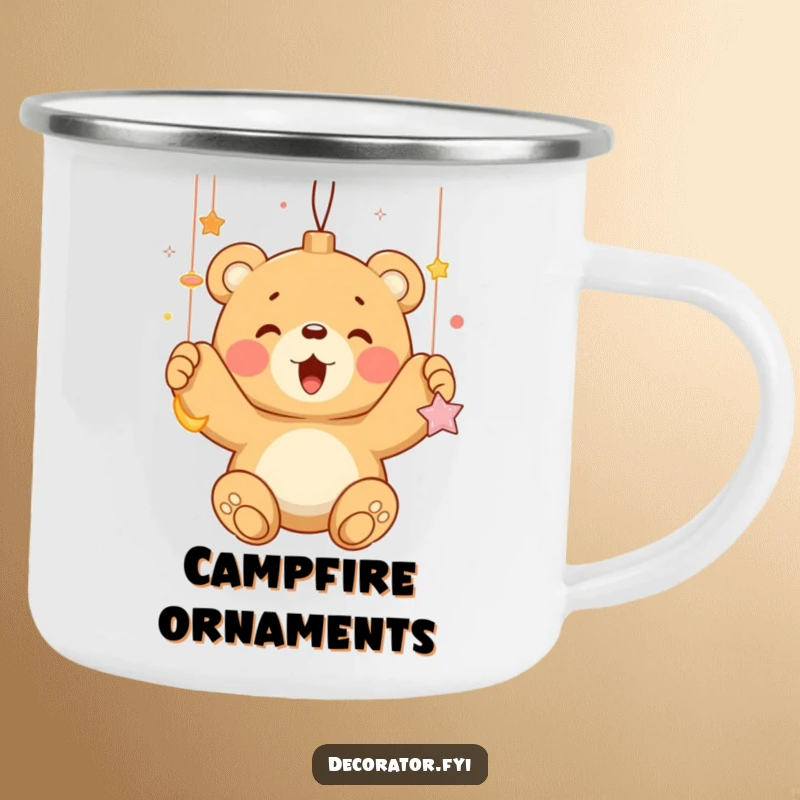 Funny bear cub enthusiastically hanging shiny ornaments, printed on a durable camping mug for humorous holiday enjoyment.