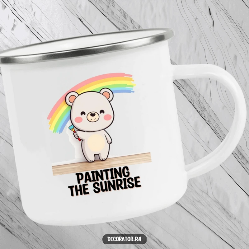 Funny happy bear painting a rainbow with a brush on a wall, ideal for an artistic and humorous camping mug.